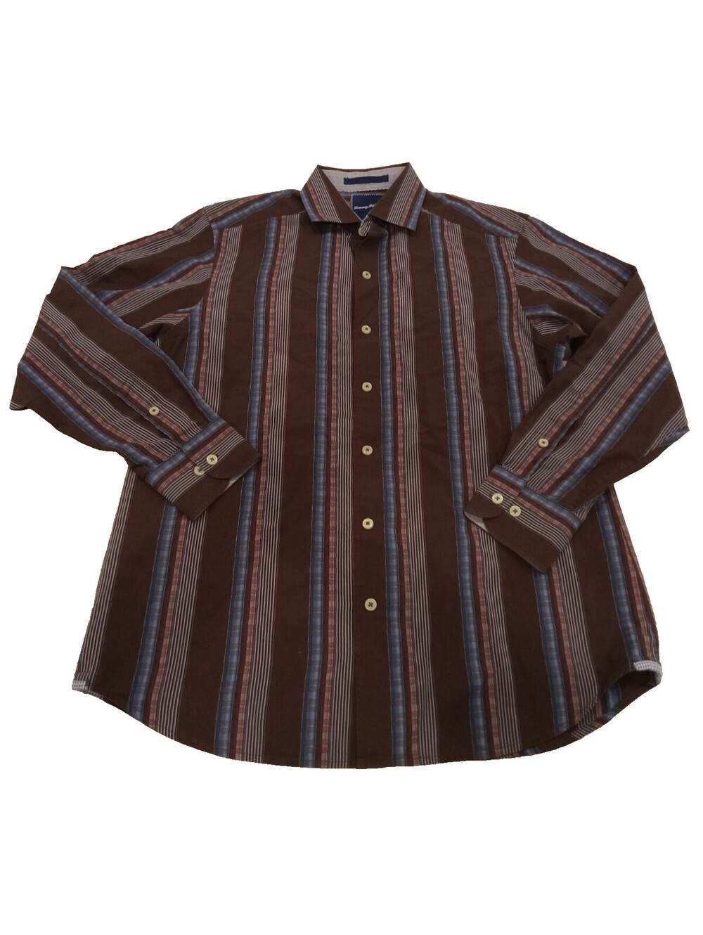 Tommy Bahama Shirt Mens Small Brown Blue Red Vertical Stripe Silk Cotton Layer S